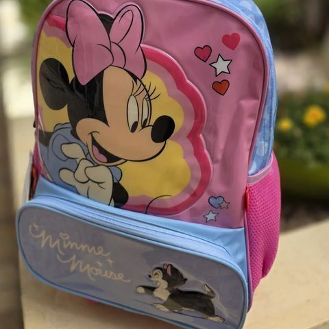 Mochila Escolar con Ruedas Minnie Mouse Rosa y Celeste