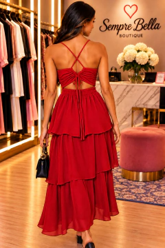 Vestido Midi Vermelho com Babados em Camadas e Recortes na Cintura - comprar online