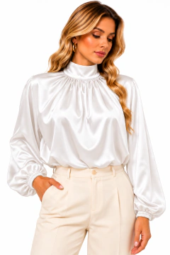 Blusa Feminina Branca em Seda com Gola Alta e Mangas Bufantes