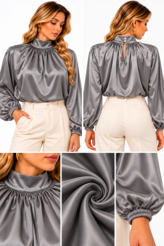 Blusa Feminina Cinza em Seda com Gola Alta e Mangas Bufantes na internet