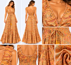 Vestido Longo Indiano Estampado Laranja – Decote V, Cintura Franzida e Babados na internet