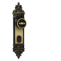 Fechadura colonial externa com maçaneta em formato de bola, acabamento em preto e dourado, design clássico com detalhes ornamentados