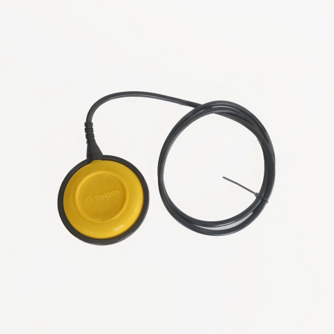 Interruptor automático sumergible amarillo con cable negro enrollado para tanque de agua Elektrim