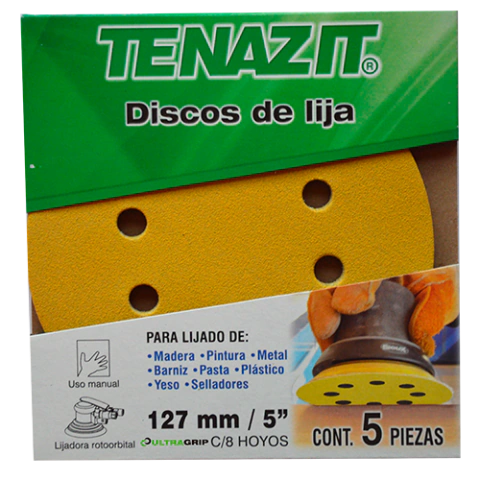 Paquete de 5 discos de lija para madera, plasticos y pintura tenazit