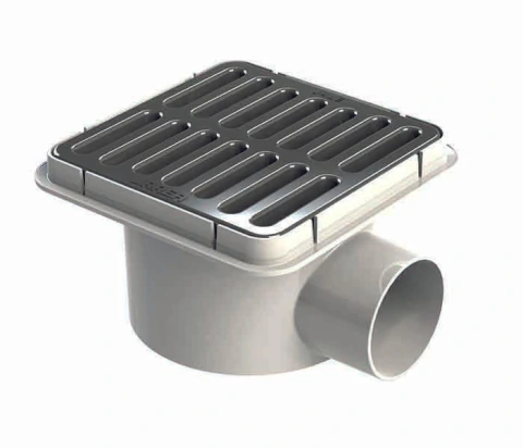 Coladera plastica cuadrada con salida lateral y rejilla cromada Urrea 182