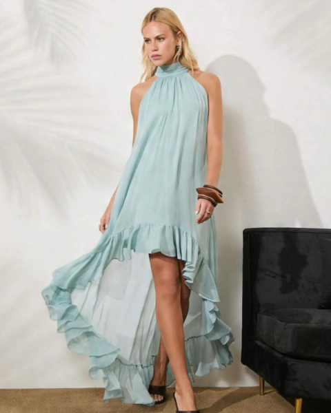 Vestido curto mullet babado