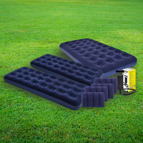 Set de colchon inflable de 2 plazas + 2 de 1 plaza con infladores y 4 almohadas Avenli