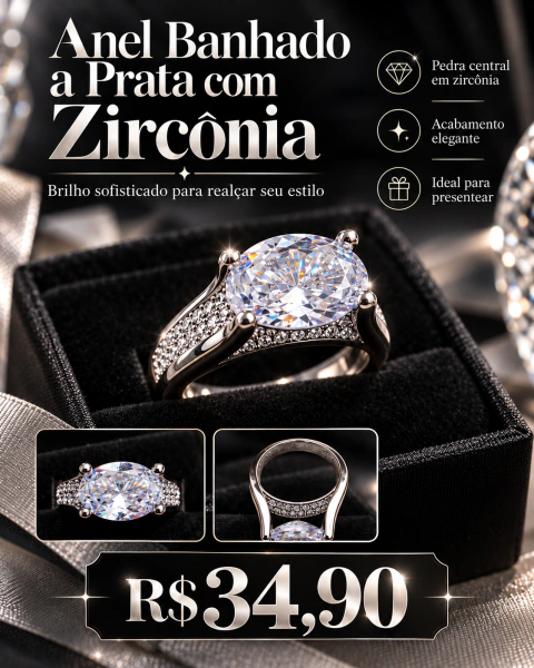 Anel com Zircônia em Losango Banhado a Prata