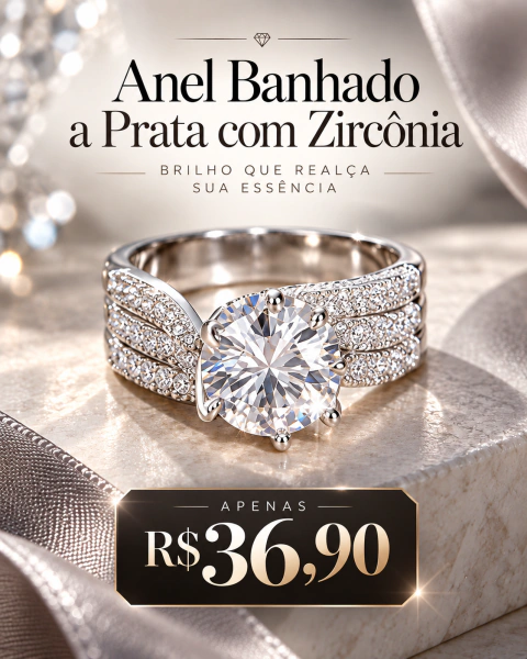 Anel Feminino Solitário com Zircônia Banhado a Prata