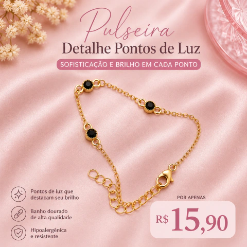 Pulseira Feminina Dourada 3 Pontos de Luz Pretos
