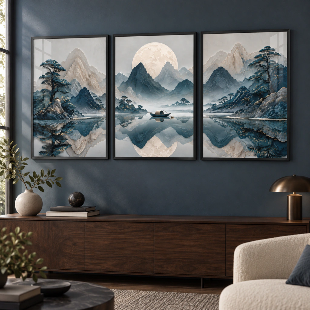 Kit 3 Quadros Decorativos Montanhas Azuis com Lua para Sala
