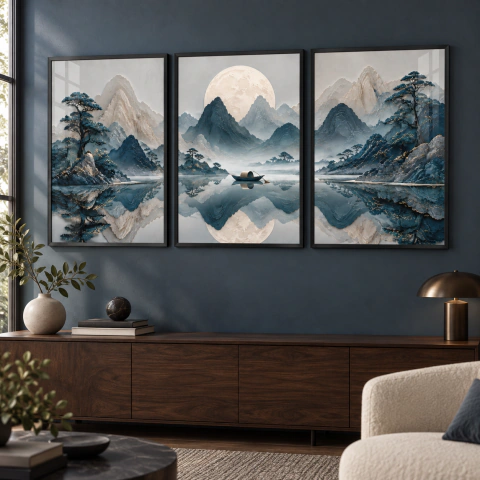 Kit 3 Quadros Decorativos Montanhas Azuis com Lua para Sala