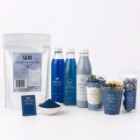 Pacote de extrato de spirulina E40 em pó azul natural com amostras de bebidas e alimentos azuis como kombucha, limonada, shake proteico, pudim de chia, smoothie bowl e energy bites