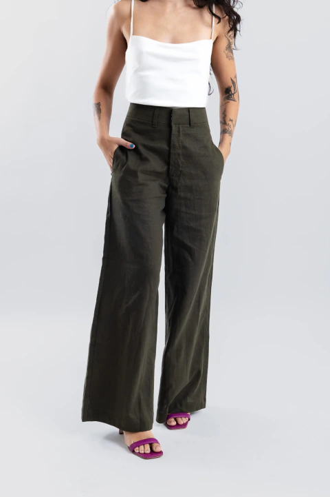Calça Pantalona Linho Verde Musgo