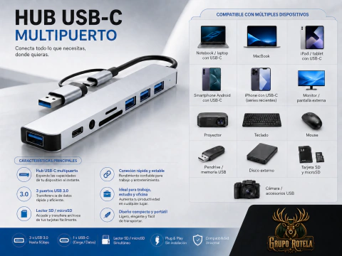 Hub USB-C Multipuerto – Adaptador 6 en 1 / 7 en 1 para Notebook, MacBook, Celular y Tablet