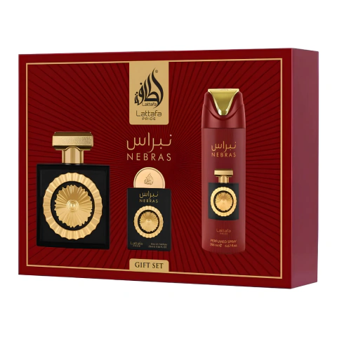 Set Lattafa Pride Nebras: Perfume 100 ml + Mini Perfume 20 ml + Spray Corporal 200 ml