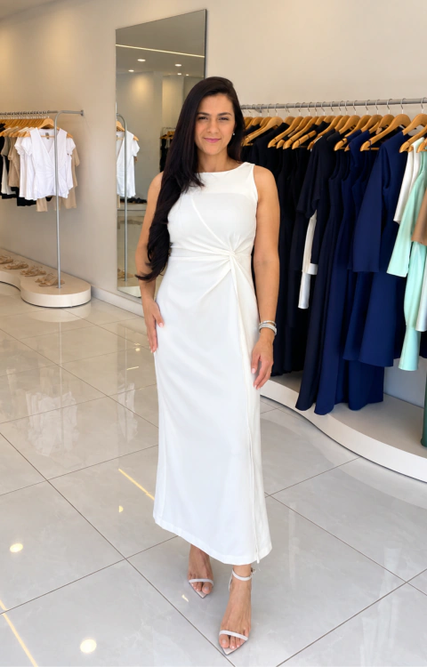 Vestido Midi Off White com Nó Frontal
