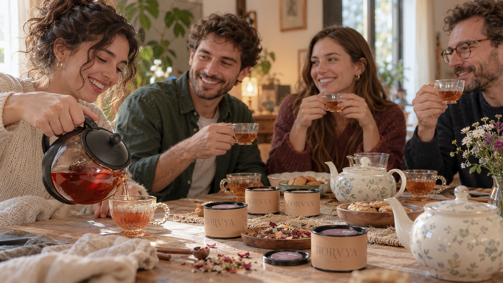 Grupo compartiendo una experiencia de té con blends Horvya