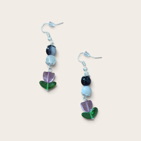 Brinco Tulipas de Vidro Artesanal - Prateado