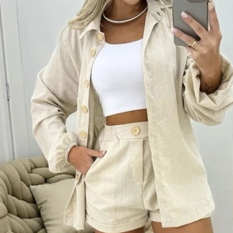 Conjunto Linho Feminino Camisa E Short Conforto Elegante