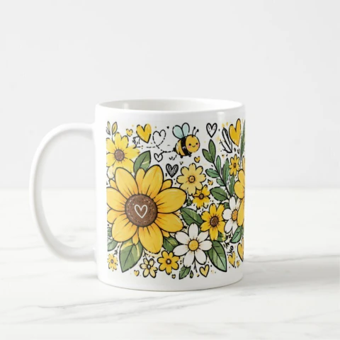 Taza Flores Amarillas 21 de Septiembre Girasoles y Abejita - 325 ml