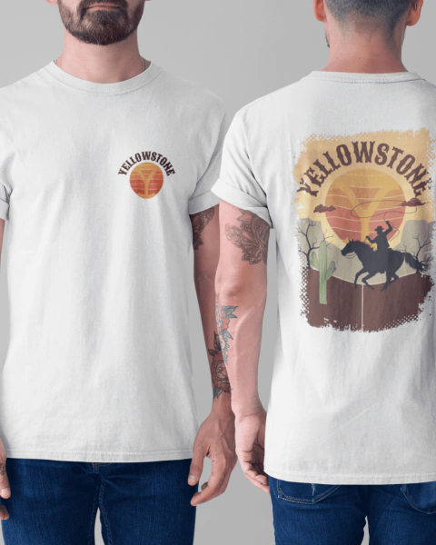 Homem vestindo camiseta branca com arte da série Yellowstone