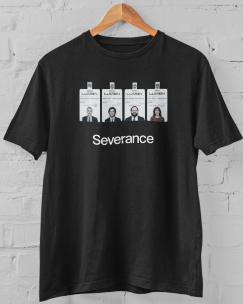 Camiseta preta no cabide com arte de Severance

