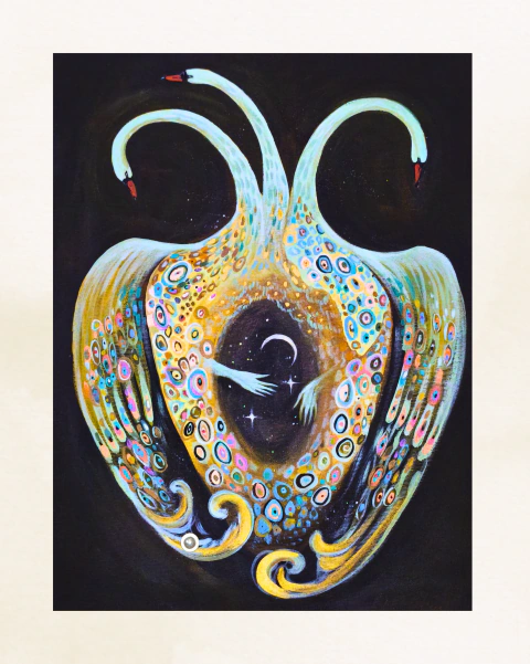 Acrílica sobre tela intitulada "Expansão" (2026) da artista Lee Khanti. Obra em díptico com fundo preto, retratando figura orgânica estilizada em tons de azul e dourado, com formas semelhantes a cisnes e mosaico. Medidas: 30 x 40 cm. Peça única com certif