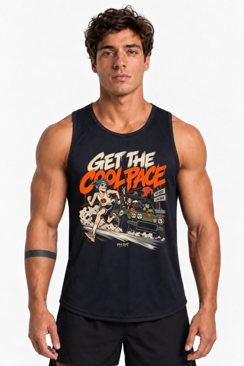 Modelo vestindo a regata preta PACE RIOT Get the Cool Pace, com corredor ilustrado ao lado de um carro com personagens, estrada e título Get the Cool Pace em off-white e laranja.