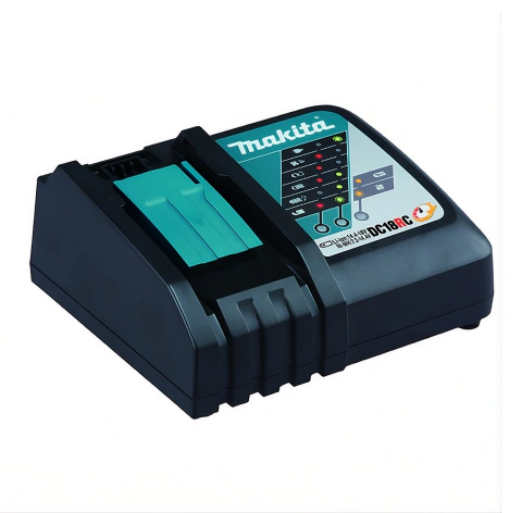 Cargador rápido Makita modelo DC18RC para baterías de 14.4 a 18V con sistema de refrigeración y diseño compacto