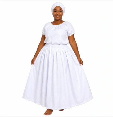 Conjunto Feminino Branco 3 Peças para Umbanda e Candomblé – Saia, Camisú e Ojá