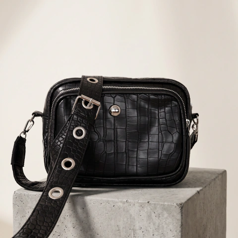 Bandolera Sená Lumel croco negro en ecocuero