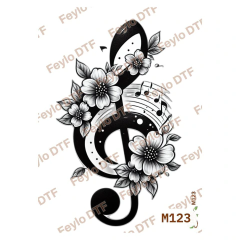 Lámina DTF Clave de Sol con Flores Blanco y Negro M123