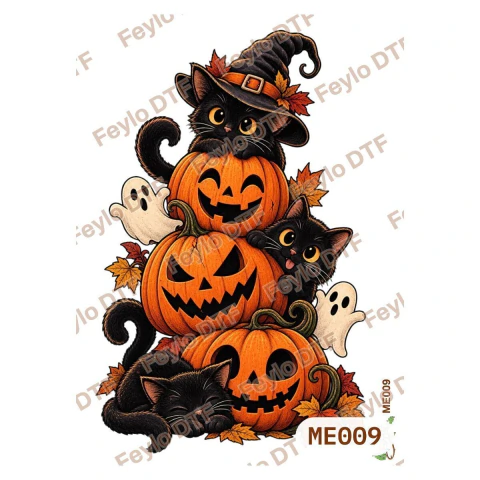 Lámina DTF Halloween Calabazas Sonrientes con Gatos y Fantasmas ME009
