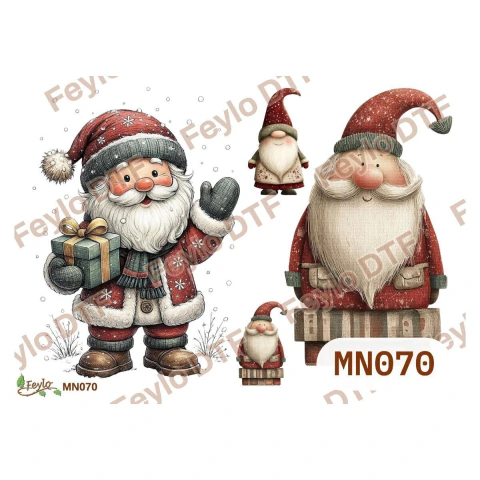 Lámina DTF Navidad Papá Noel Vintage con Gnomos y Regalos MN070