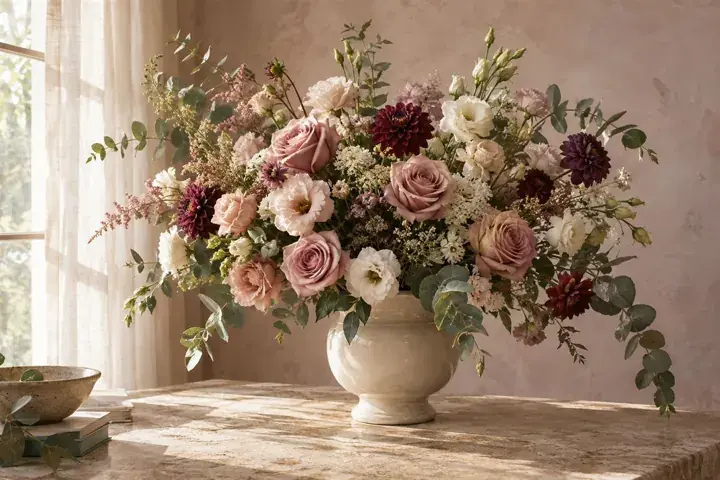 Composição de flores rosadas e vinho