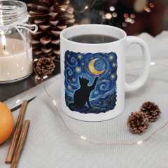 Taza Gato Estilo Van Gogh Noche Estrellada - Taza Cerámica 325ml - Regalo para Amantes de los Gatos - Diseño Artístico - NOYHA
