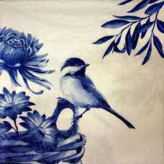 Guardanapo para decupagem com estampa de pássaro azul e flores em tons de azul