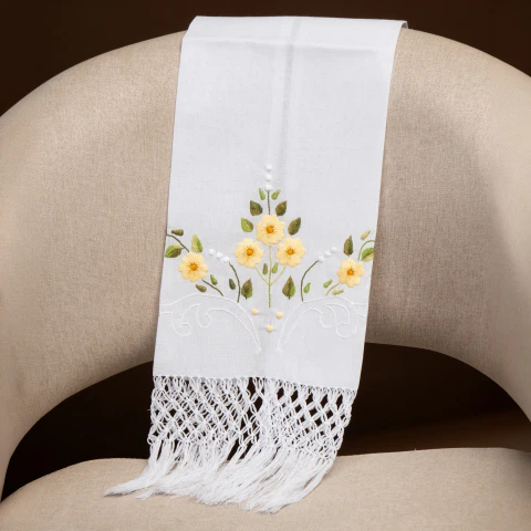 Toalha de Mão em Linho Branco – Bordado Flores Amarelas