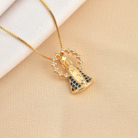 Colar Nossa Senhora Aparecida Dourado folheado de ouro 18k Semi Joia