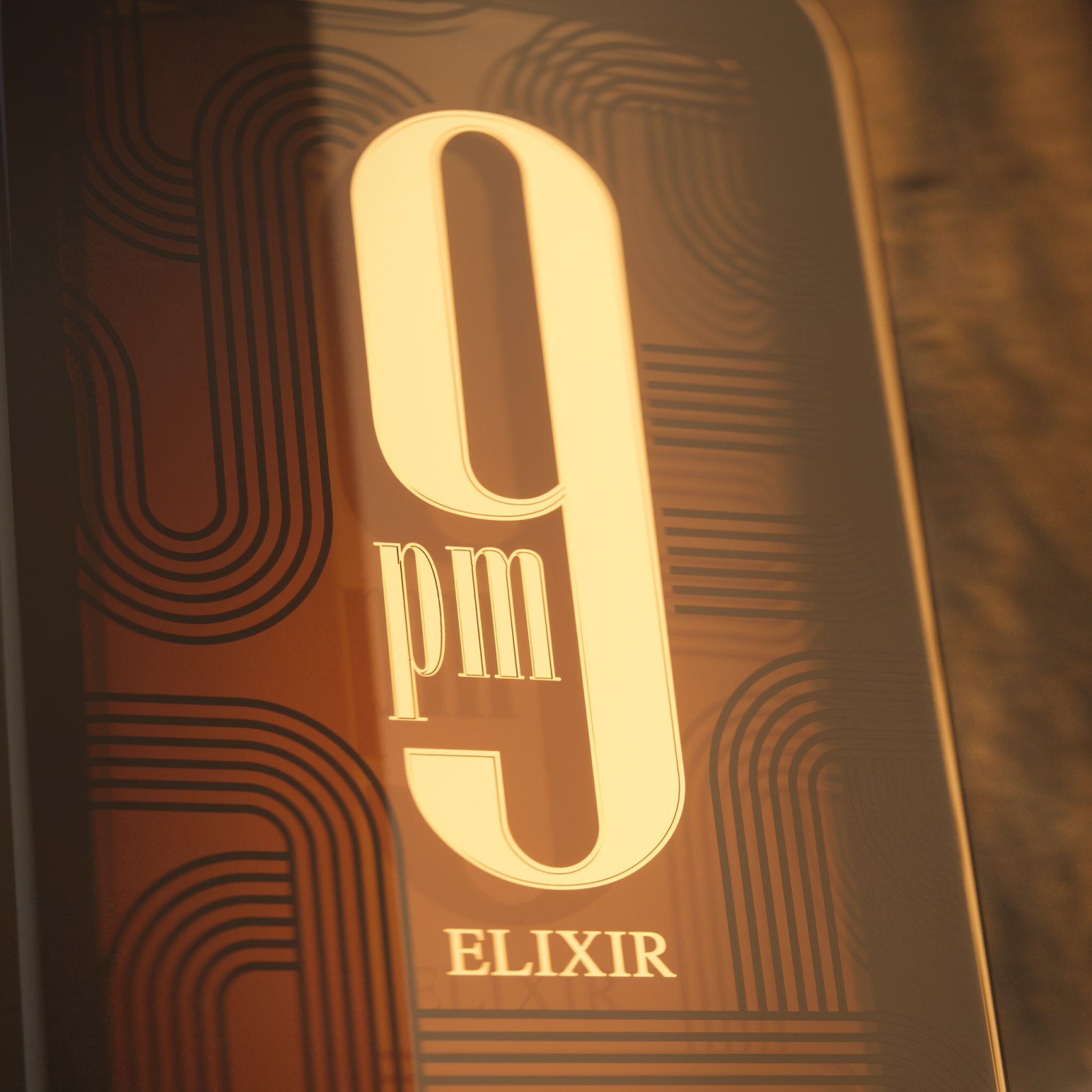 Etiqueta del 9 PM Elixir de Afnan iluminada