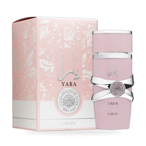 Perfume Yara de Lattafa, Eau de Parfum 100 ml, con su caja rosa