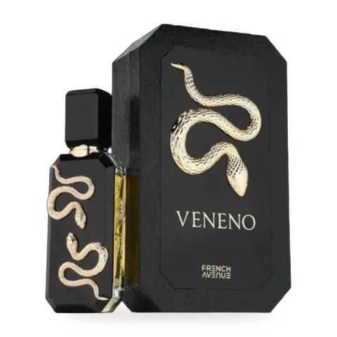 Perfume Veneno de French Avenue 100 ml, frasco negro con serpientes doradas y su caja