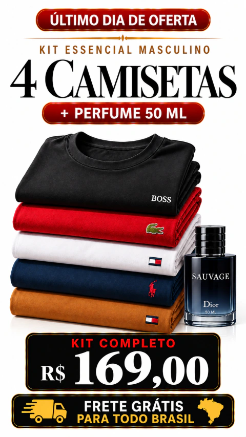 Kit 4 Camisetas Premium + Perfume 50 ML Sauvage Dior