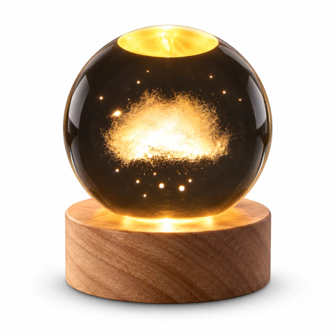 Esfera de Luz Bola de Cristal con Grabado 3D y Base de Madera
