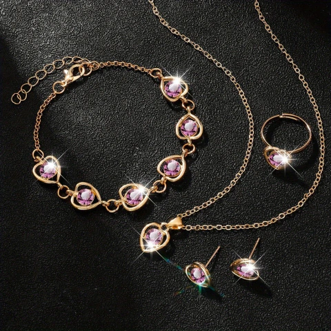 Conjunto De Joias De Coração Europeu 4 Peças Colar Oco Brincos Pulseira De Anel Para Mulheres