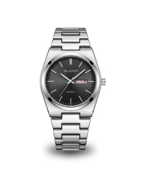 Relógio masculino IRLANDY I40 com mostrador analógico preto, caixa metálica redonda de 40 mm e pulseira metálica prateada