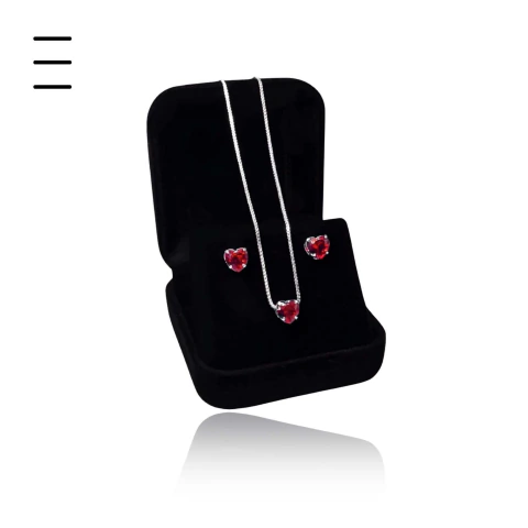 Conjunto Colar e Brinco Coração Vermelho Banhado a Prata 925