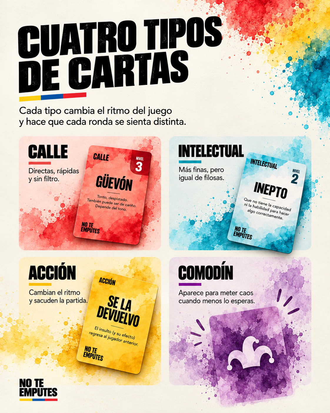Cuatro tipos de cartas. Calle: directas, rápidas y sin filtro. Intelectual: más finas, pero igual de filosas. Acción: cambian el ritmo y sacuden la partida. Comodín: aparece para meter caos cuando menos lo esperas.