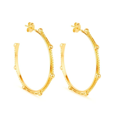 Brinco de Argola com Corrente Esferas e Pérolas Banhado a Ouro 24K
